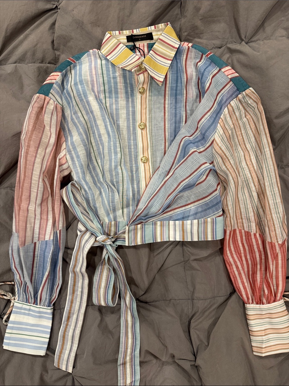 Commense Multicolor Striped Tie-Waist Button Down Shirt